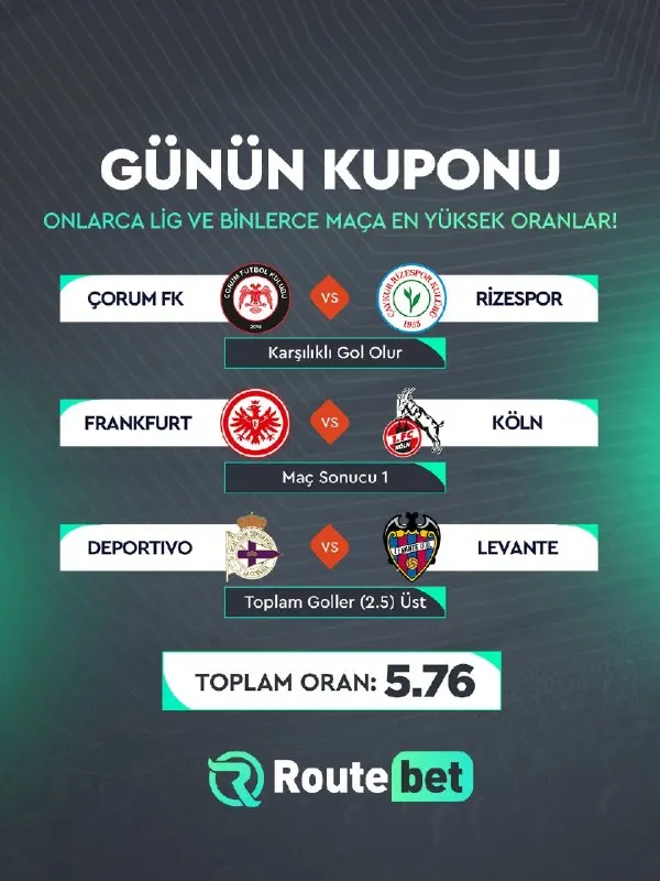 Routebet Telegram: ⚽️ Günün kuponu Routebet’te! Birbirinden özel maçlar ve futbol heyecanı devam…
