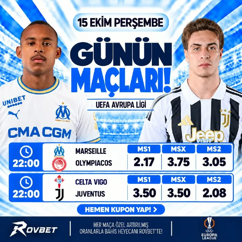 Rovbet Telegram: 🔷🔷🔷🔷🔷 ⚠️ AVRUPA LİGİ’NDE HEYECAN DORUKTA!⚠️ 📅 Marseille - Olympiacos | 22.00…