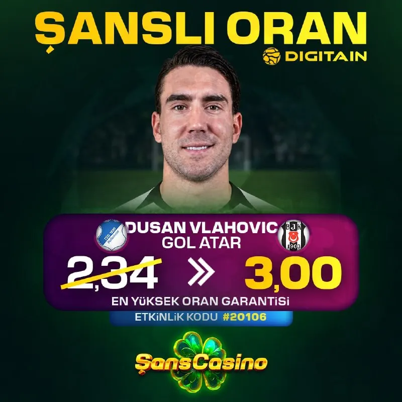 Şanscasino Telegram: ŞANSLI ORAN YAYINDA! 🍀 Dusan Vlahovic gol atar oranını yükselttik! 🔝 ❌ Önce…