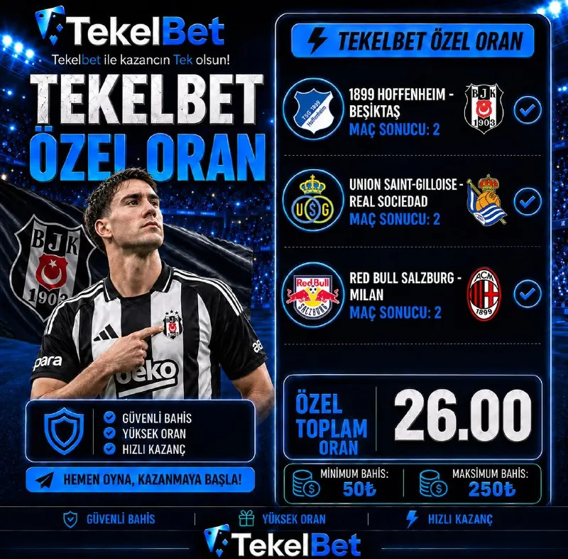 Tekelbet Telegram: ⚡️ TEKELBET'TEN BOMBA ÖZEL ORAN! ⚽️ ⚡️⚡️⚡️⚡️⚡️⚡️⚡️⚡️⚡️⚡️ 💥 3 MAÇ, TEK KUPON…