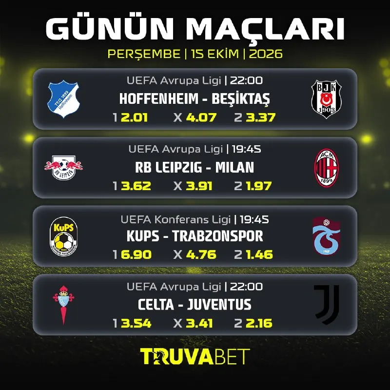 Truvabet Telegram: ⚽️ UEFA Avrupa ve Konferans Ligi günün maçları en yüksek oranlarla #Truva'da! 🪙…