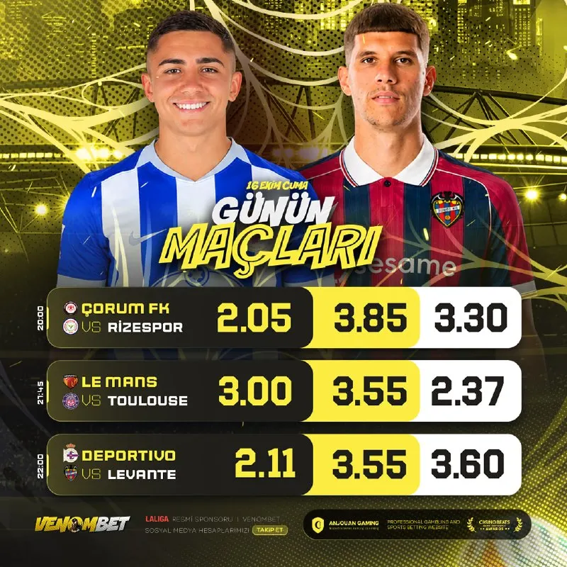 Venombet Telegram: 🚨 🟡🟡🟡🟡🟡 🟡🟡🟡🟡 ⚽️ 🔥 Günün en dikkat çeken karşılaşmaları ve avantajlı oranlar…