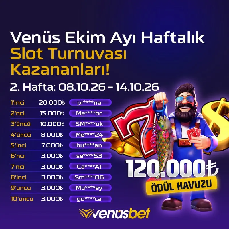 Venüsbet Telegram: 🏆 #Venus'ten Ekim ayına özel haftalık Slot Turnuvası ikinci etap kazananları! 🗓…