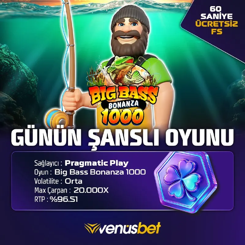 Venüsbet Telegram: 🍀 #Venus'te günün şanslı oyunları kazandırıyor! 🎰 Big Bass Bonanza 1000…