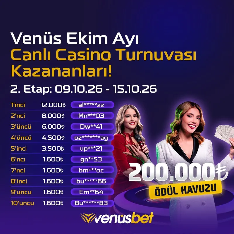 Venüsbet Telegram: 🏆 #Venus'ten Ekim ayına özel Canlı Casino Turnuvası ikinci etap kazananları! 🗓…