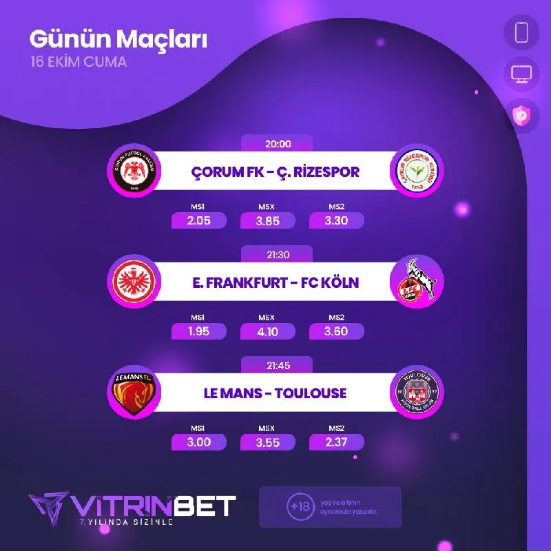 Vitrinbet Telegram: 🔥 GÜNÜN MAÇLARI 🔥 🗓 16 Ekim Cuma ⚽️ Çorum FK – Çaykur Rizespor 🕗 20:00 📈 MS1…