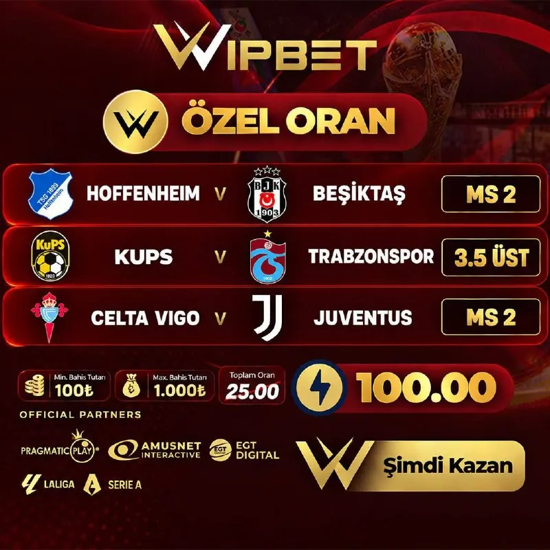 Wipbet Telegram: 🤩 100 ÖZEL ORAN! ❗️ ⚽️ Hoffenheim - Beşiktaş MS2 ⚽️ Kups - Trabzonspor 3.5 Üst…