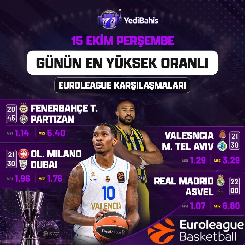 Yedibahis Telegram: 🎰🎰🎰🎰🎰 GÜNÜN EN YÜKSEK ORANLI EUROLEAGUE KARŞILAŞMALARI! 🏀 NBA & EuroLeague…