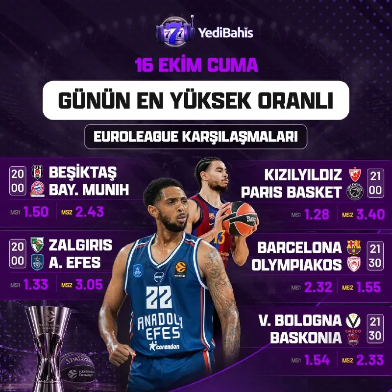 Yedibahis Telegram: 🎰🎰🎰🎰🎰 GÜNÜN EN YÜKSEK ORANLI EUROLEAGUE KARŞILAŞMALARI! 🏀 NBA & EuroLeague…