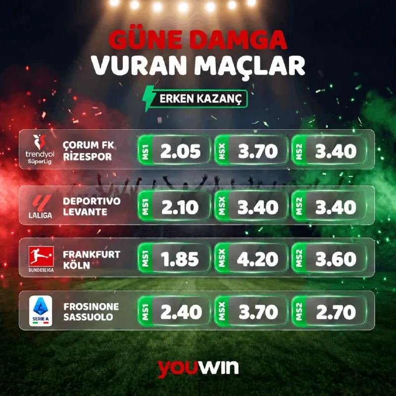 Youwin Telegram: ⚡️ MAÇLAR BÜYÜK, HEYECAN ZİRVEDE! 🔥 ERKEN KAZANÇ avantajıyla futbol heyecanı…