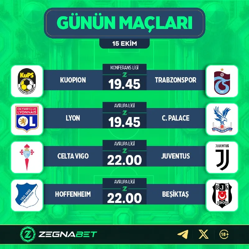 Zegnabet Telegram: GÜNÜN MAÇLARI ZEGNA'DA! ⚽️ 🇪🇺 Kuopion - Trabzonspor 🇪🇺 Lyon - C. Palace 🇪🇺…