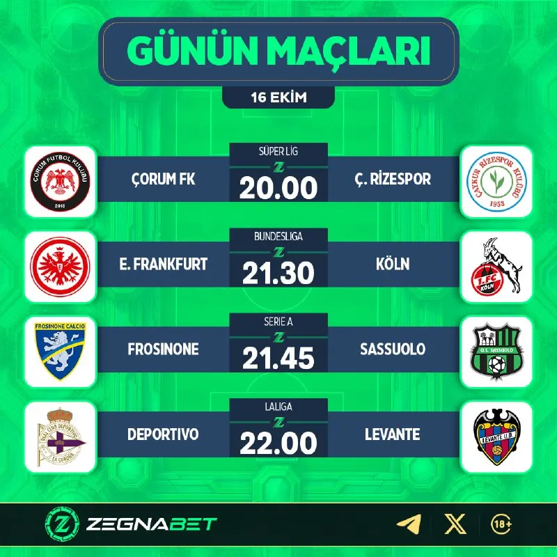 Zegnabet Telegram: GÜNÜN MAÇLARI ZEGNA'DA! ⚽️ 🇹🇷 Çorum FK - Ç. Rizespor 🇩🇪 E. Frankfurt - Köln 🇮🇹…
